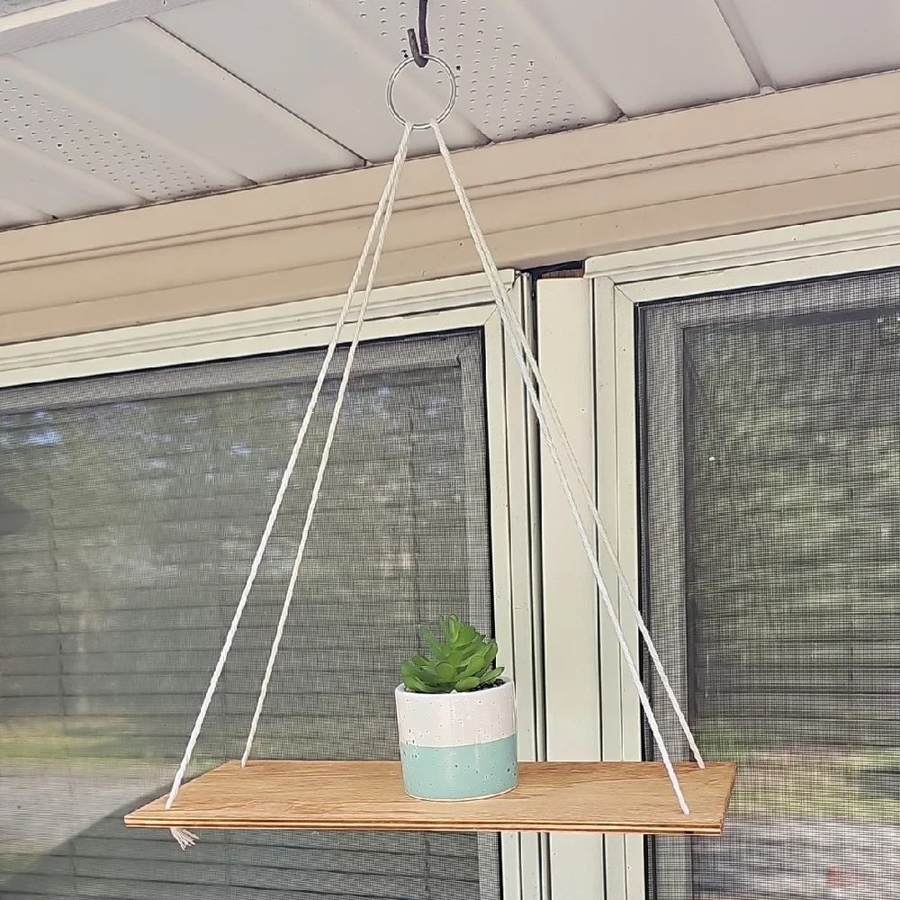 Hanging Wooden Shelf with Ceramic Planter